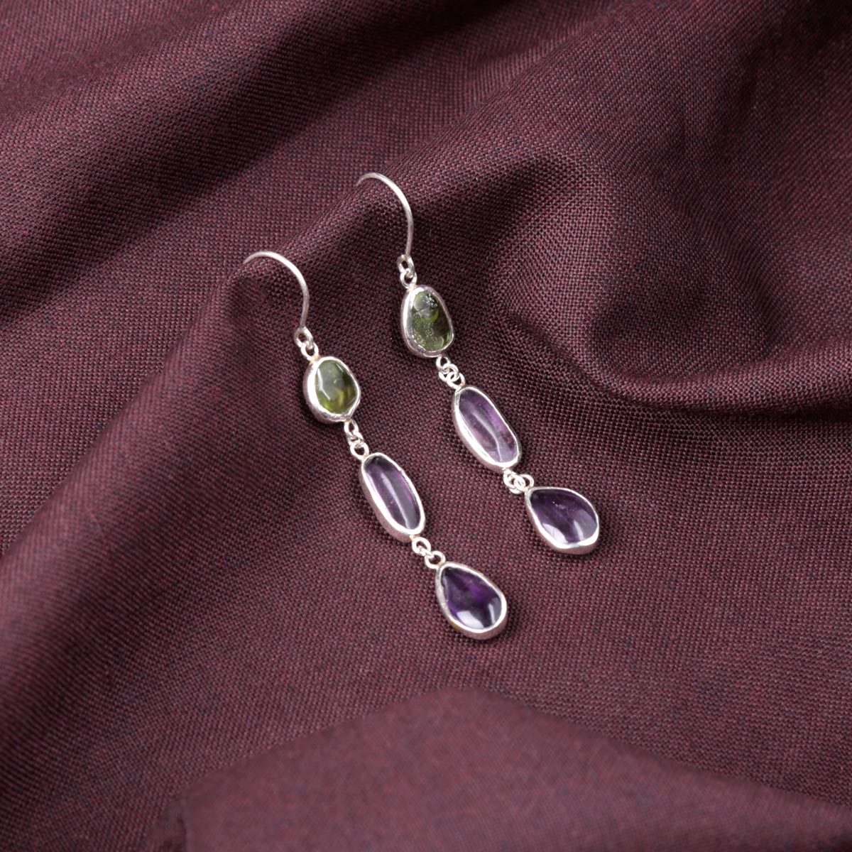 Two Stone Shoulder Earrings | Silver Drop Hook Earrings 