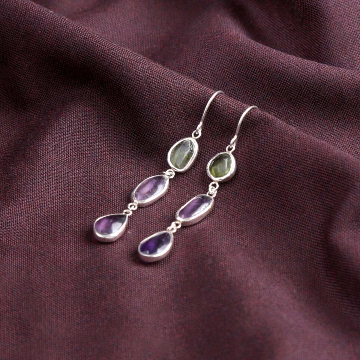 Two Stone Shoulder Earrings | Silver Drop Hook Earrings 