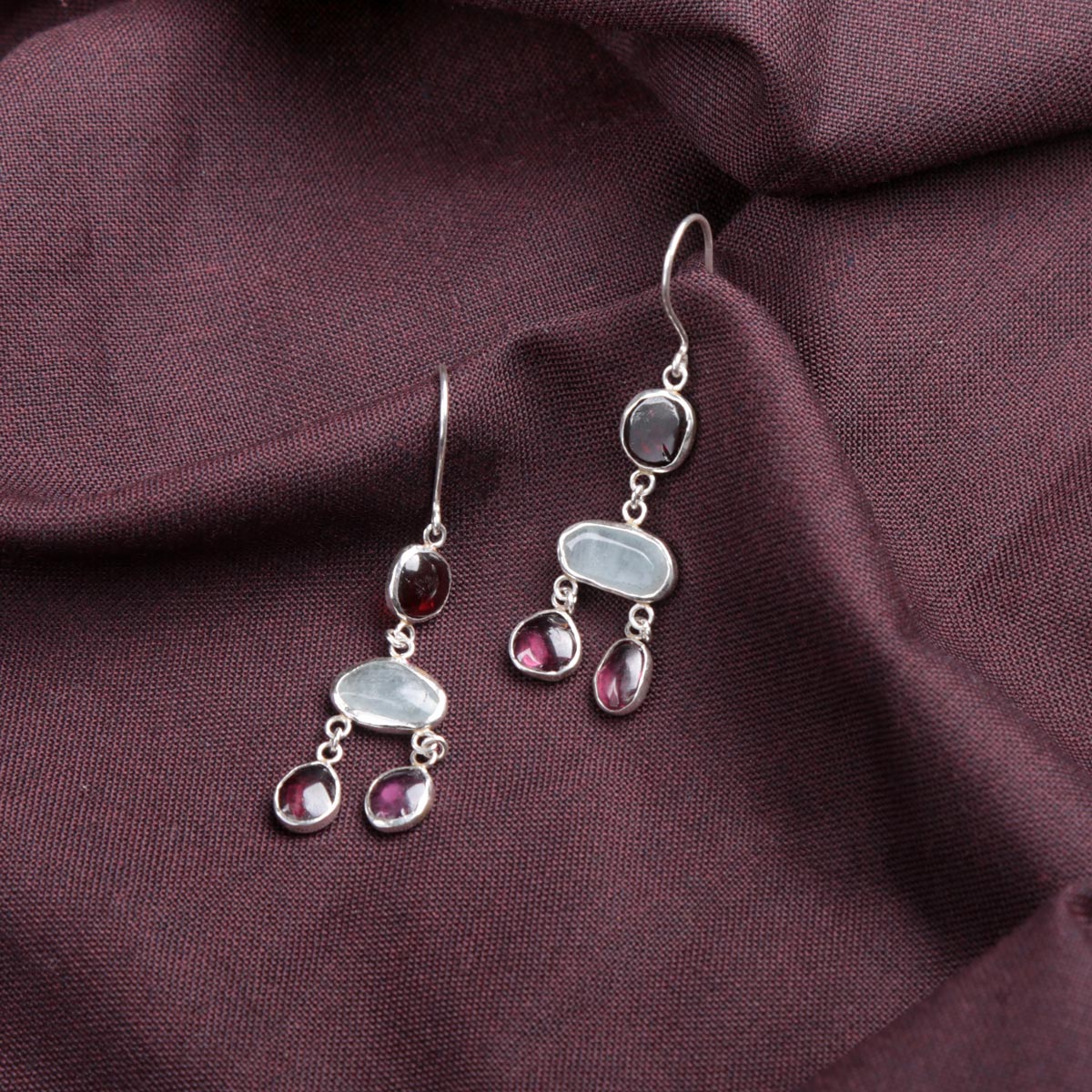 Aquamarine & Garnet Cluster Earrings | Silver Drop Dangle Earrings
