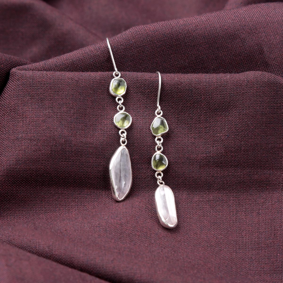 Peridot & Kunzite Dangle Earrings | Silver Shoulder Hook Earrings 