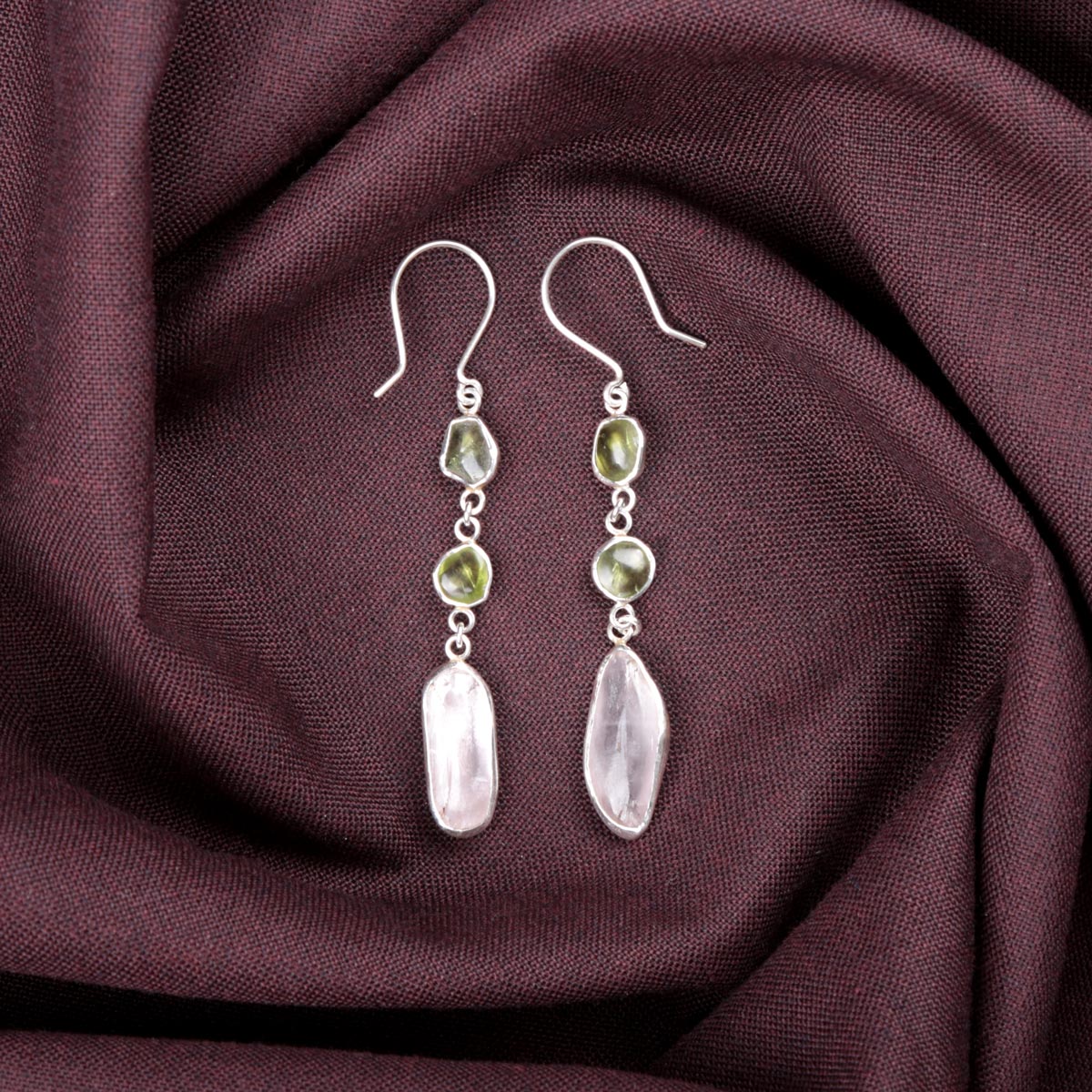 Peridot & Kunzite Dangle Earrings | Silver Shoulder Hook Earrings 