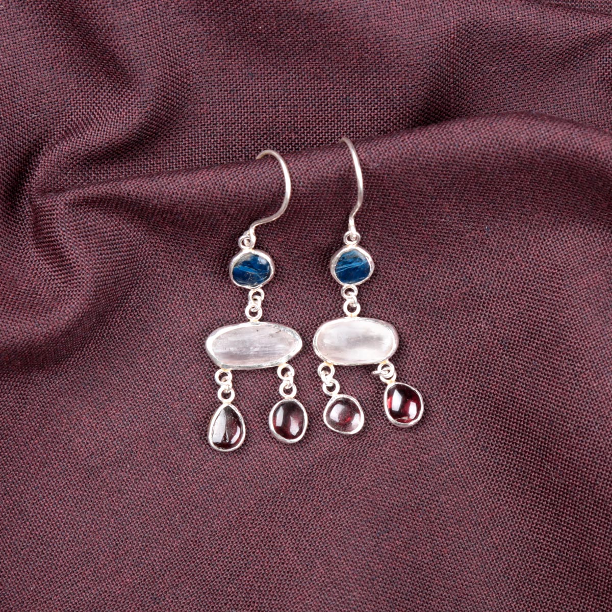 Kunzite & Garnet Cluster Hook Earrings | Silver Dangle Drop Earrings