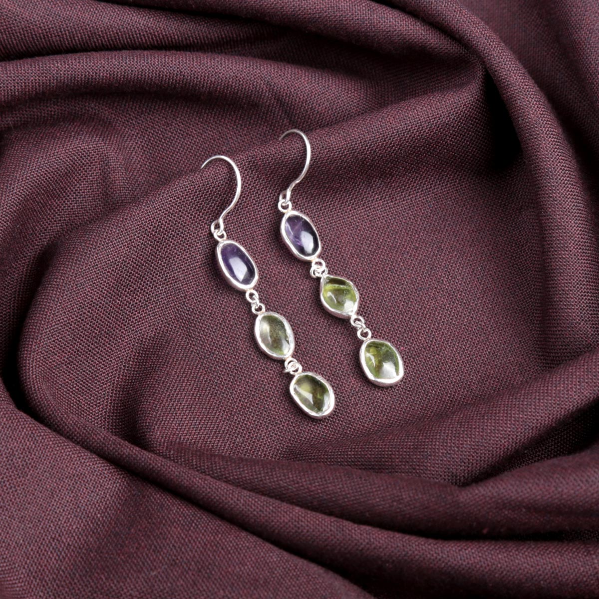 Amethyst & Peridot Stone Dangle Drop Earrings | Silver Shoulder Earrings 