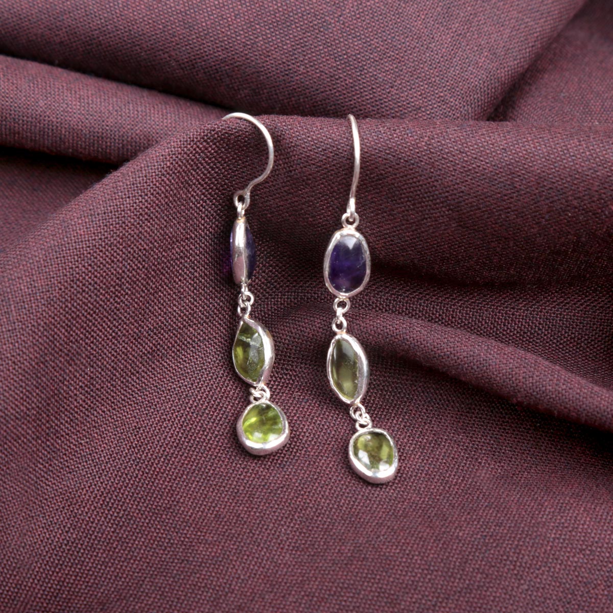 Amethyst & Peridot Stone Dangle Drop Earrings | Silver Shoulder Earrings 