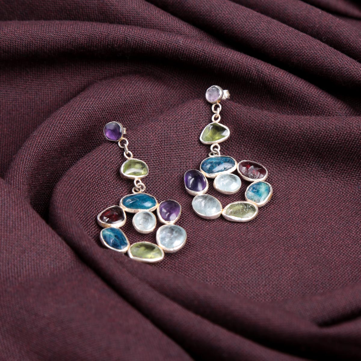 Multi-Stone Round Dangle Drop Earrings | Silver Drop Hook Earrings 