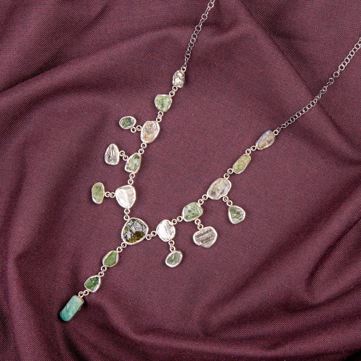Three Stone Charm Necklace | Multi-Stone Silver Festoon Necklace 