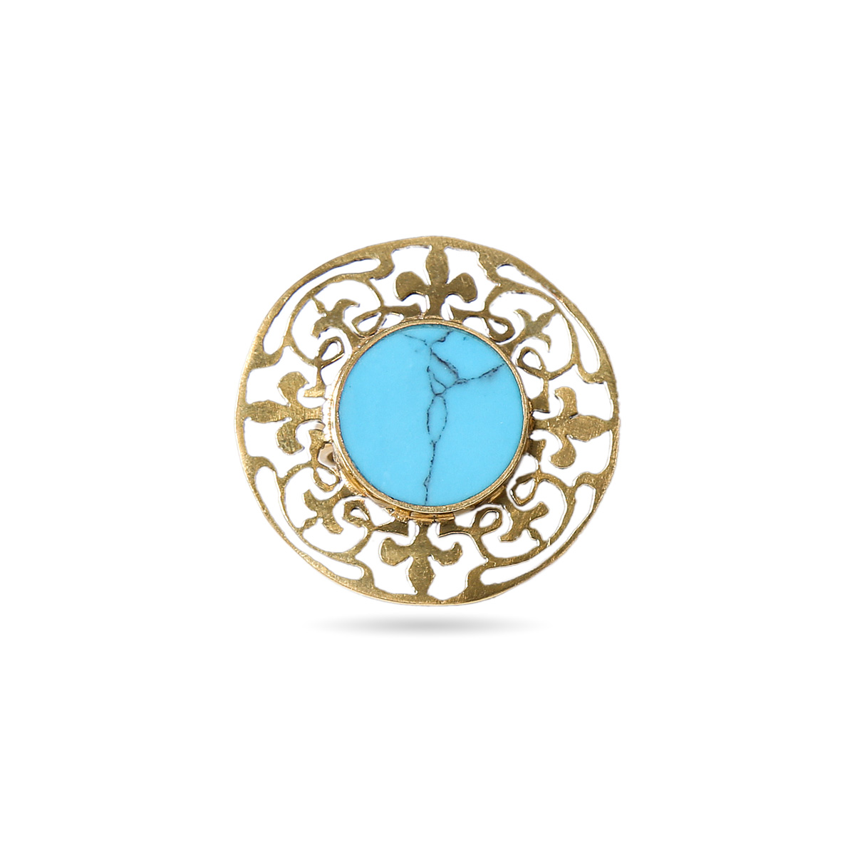 Blue Turquoise Stone Ring | Gold Plated Round Engraved Ring 