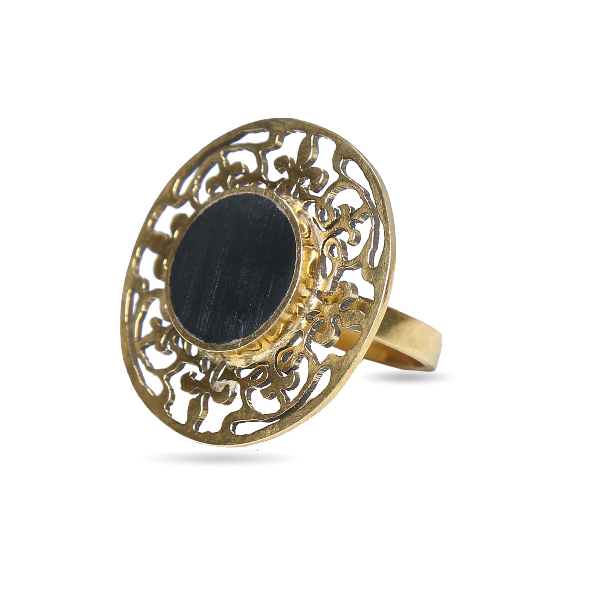 Black Tourmaline Round Ring | Gold Plated Engraved Ring 