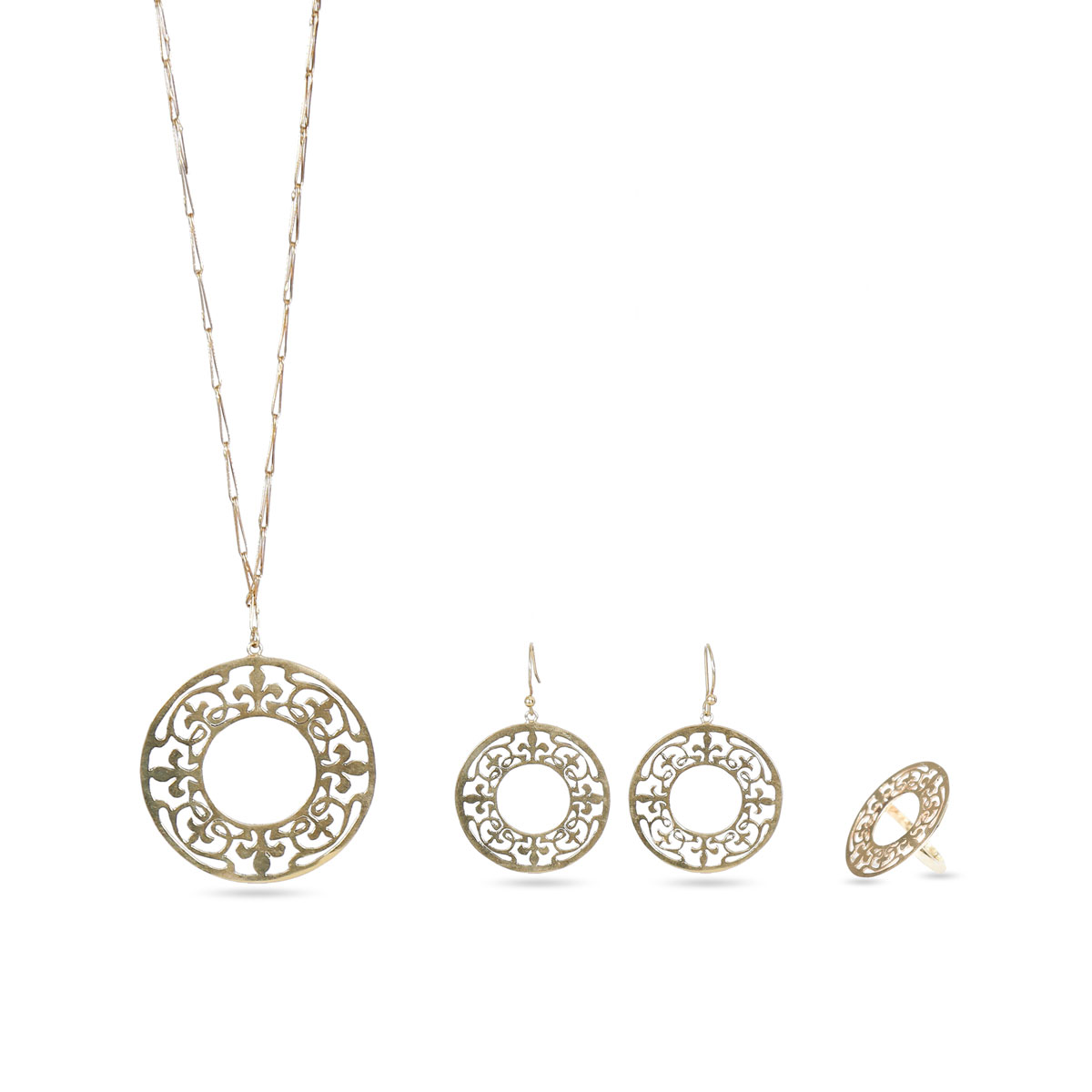 Gold Plated Jewelry Set | Round Drop Pendant, Earrings & Ring 