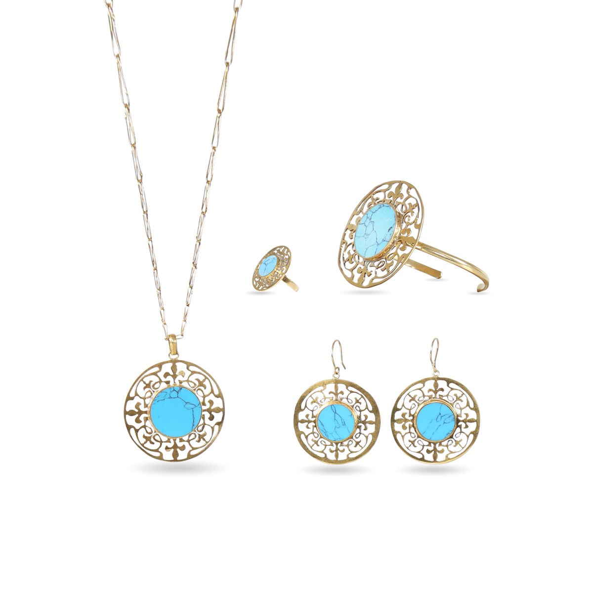Blue Turquoise Jewelry Set | Silver Pendant, Earrings, Ring, & Bracelet 