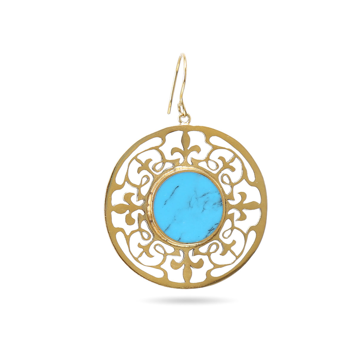 Blue Turquoise Brass Earrings | Gold Plated Round Hook Earrings 