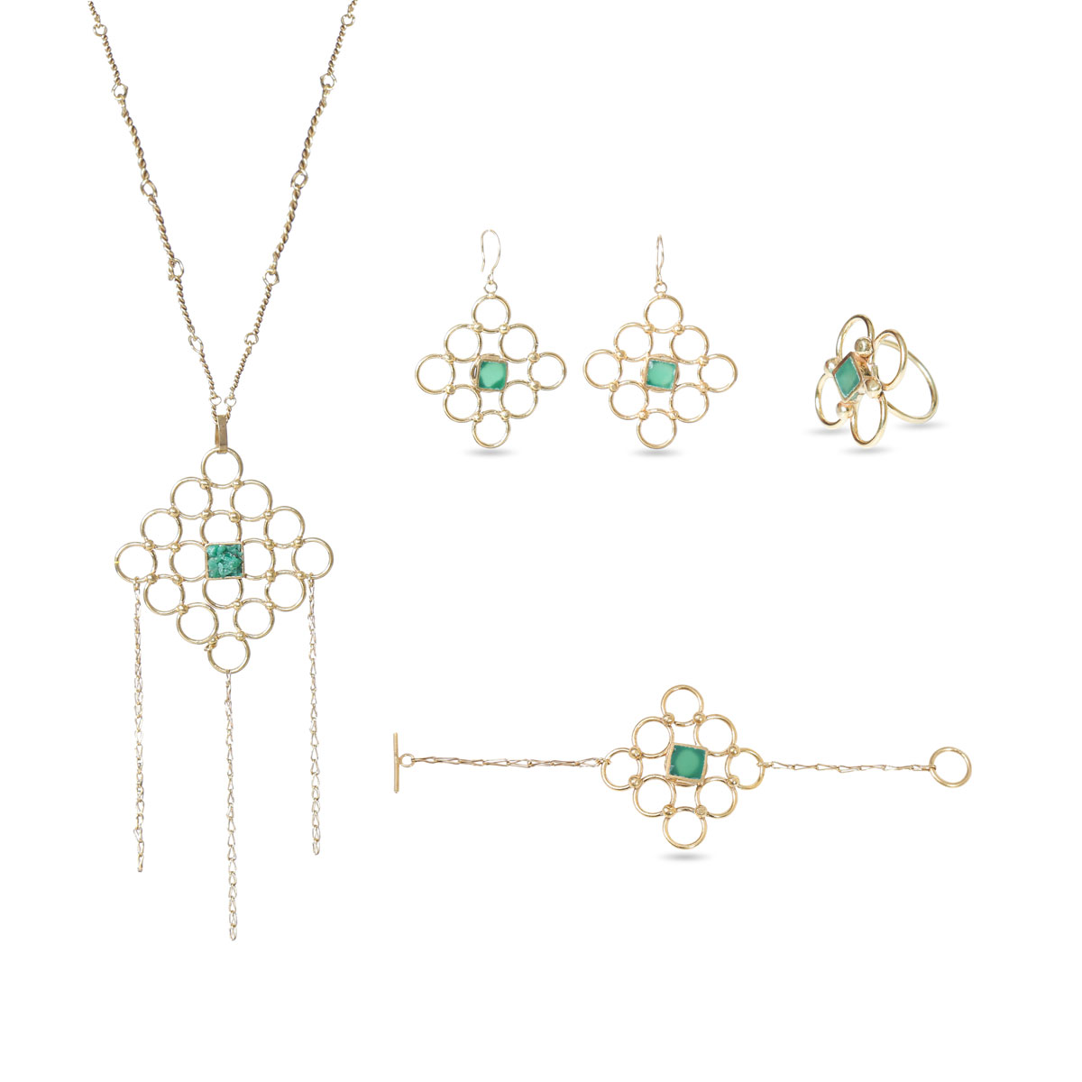 Green Agate Stone Brass Jewelry Set | Gold Plated Pendant, Earrings, Ring & Bracelet