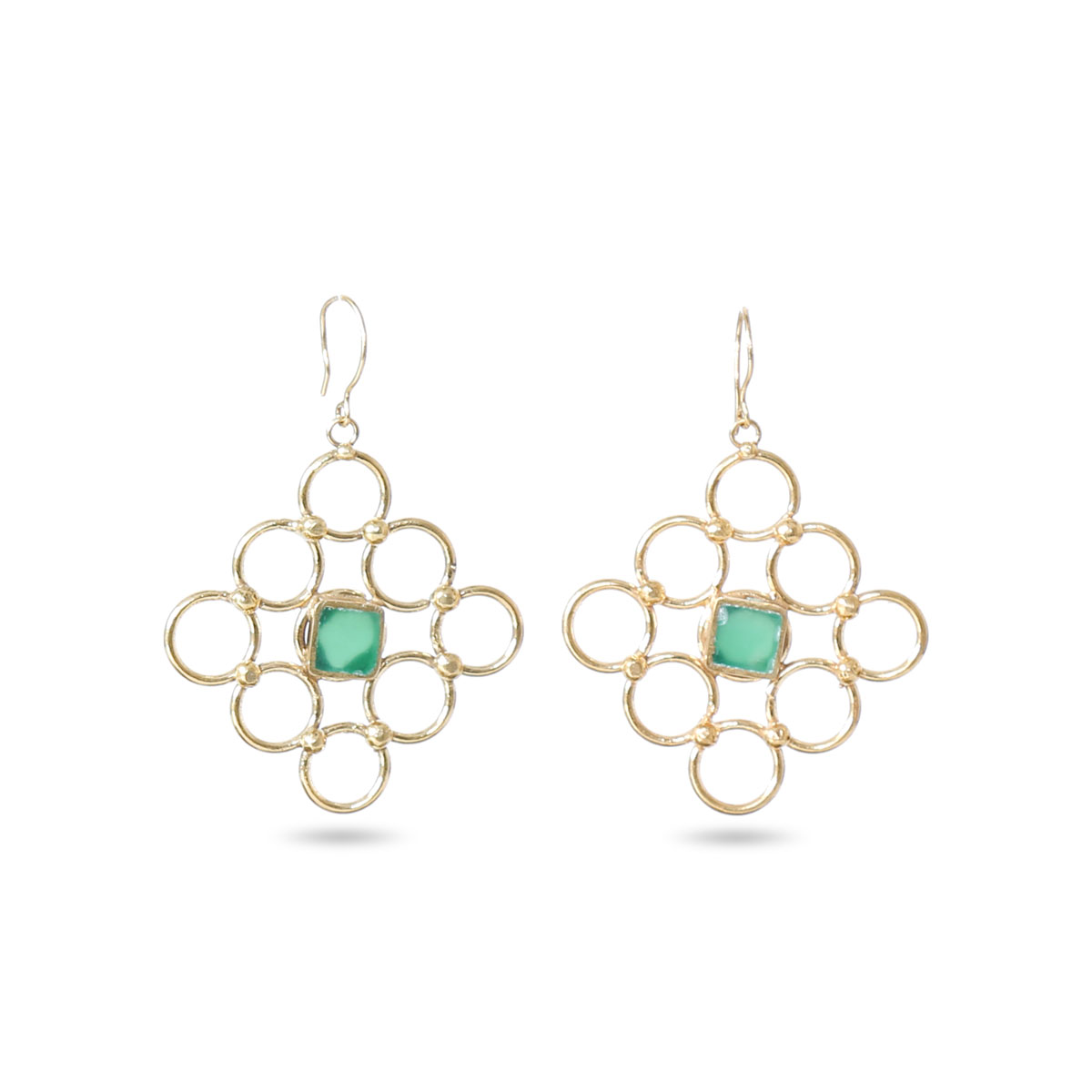 Green Agate Stone Brass Jewelry Set | Gold Plated Pendant, Earrings, Ring & Bracelet