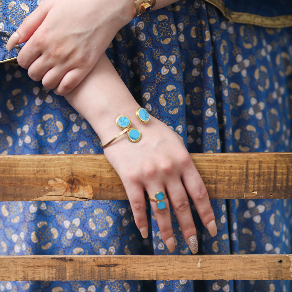 Blue Turquoise Stone Bracelet | Gold Plated Bangle Bracelet