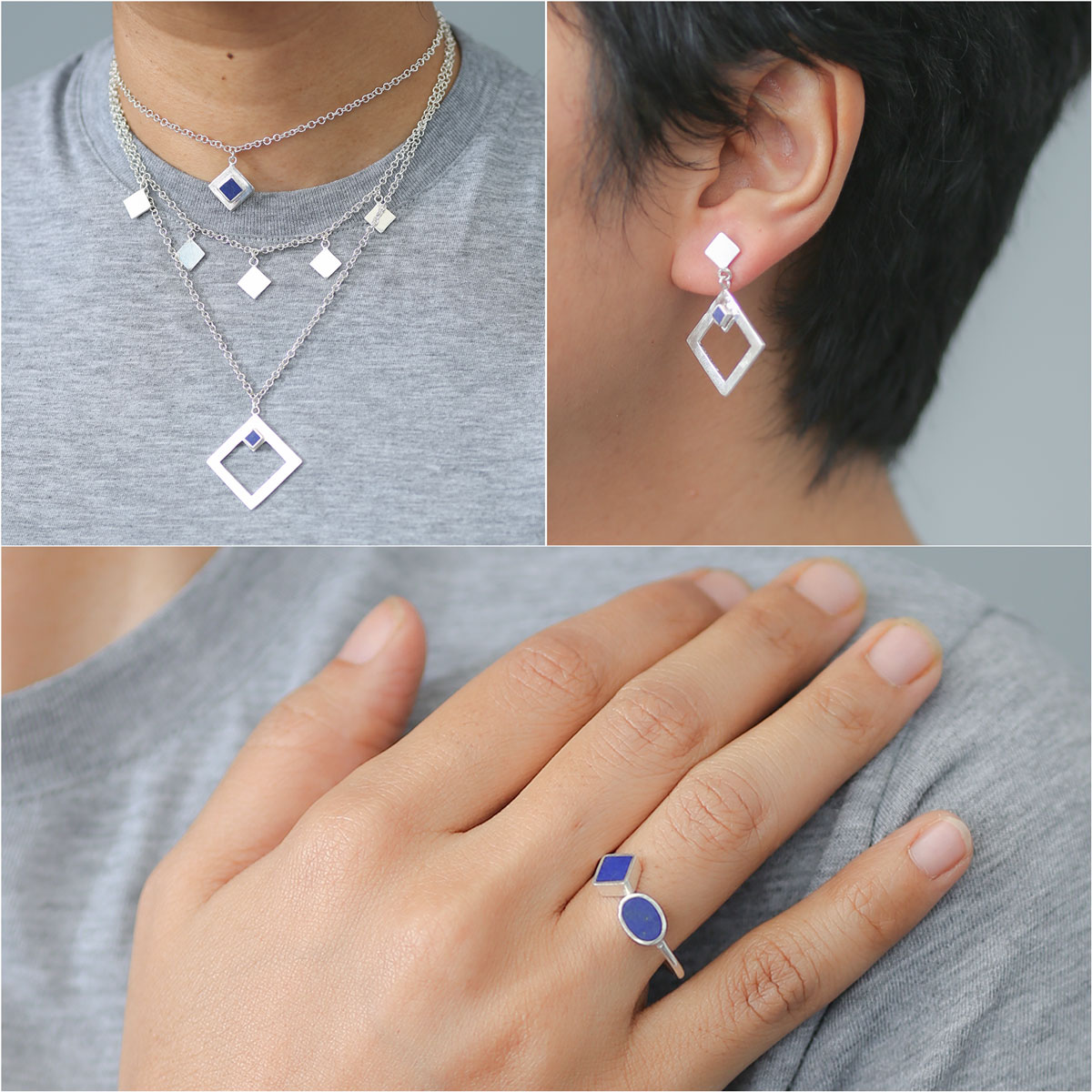 Blue Lapis Lazuli Jewelry Set | Silver Necklace, Earrings & Ring 