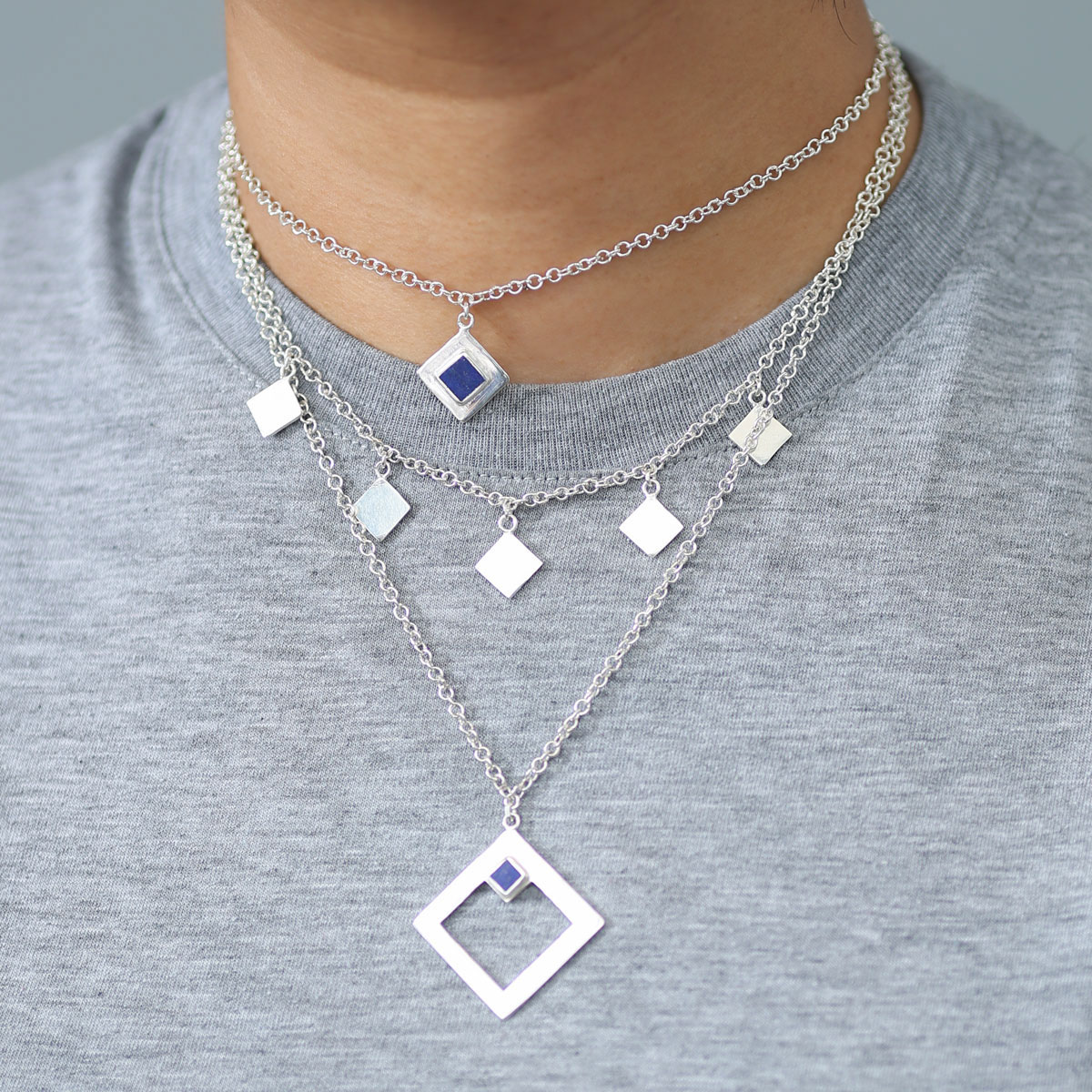 Lapis Lazuli Choker Necklace | Silver Multi-Stranded Necklace 