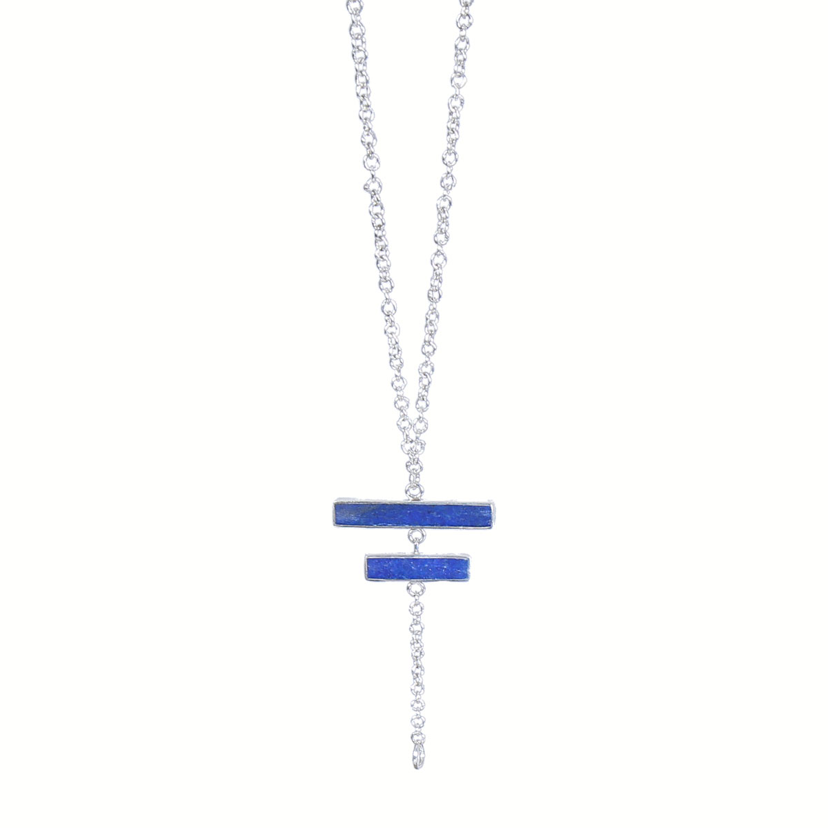 Lapis Stone Sautoir Pendant | Silver Drop Chain Locket