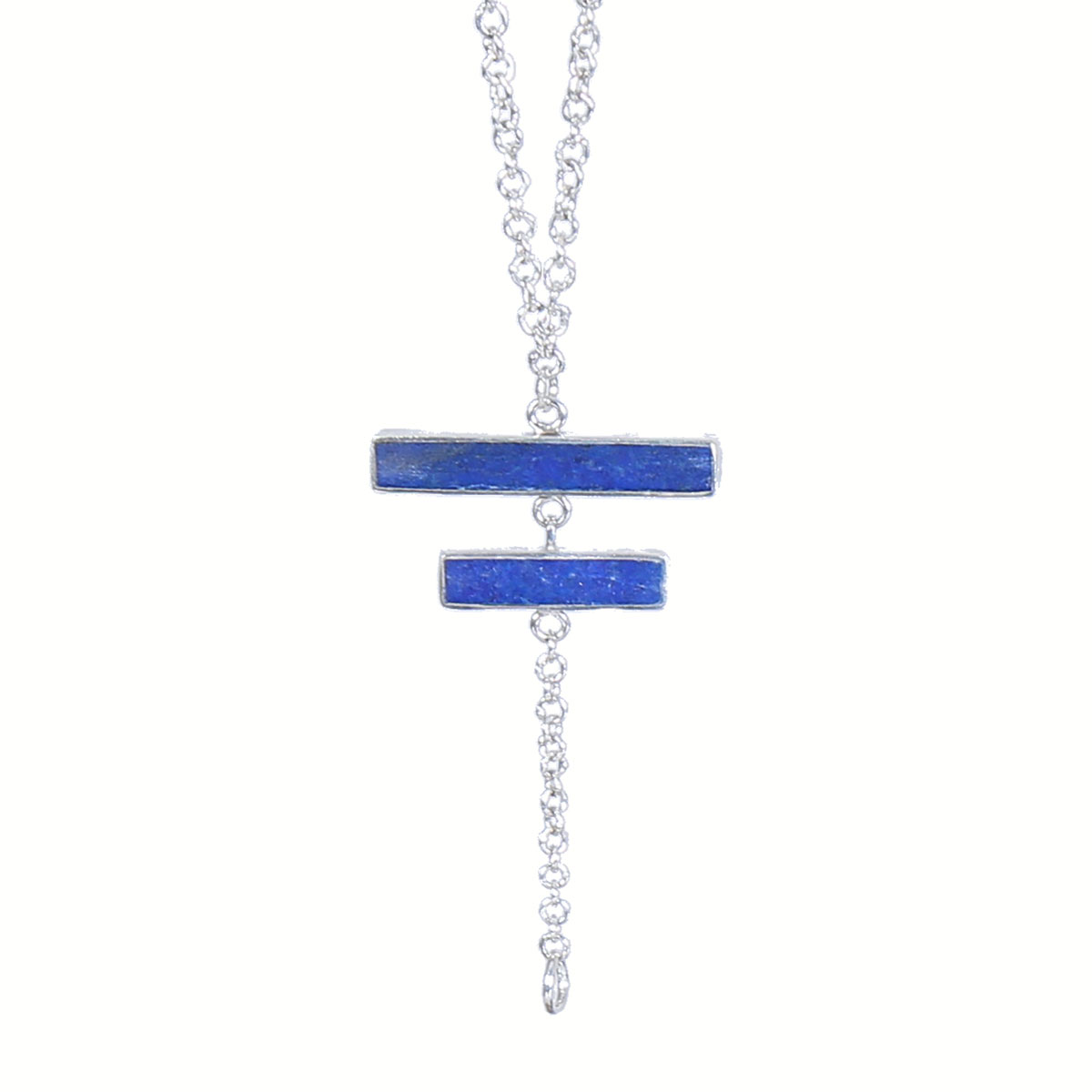 Lapis Stone Sautoir Pendant | Silver Drop Chain Locket