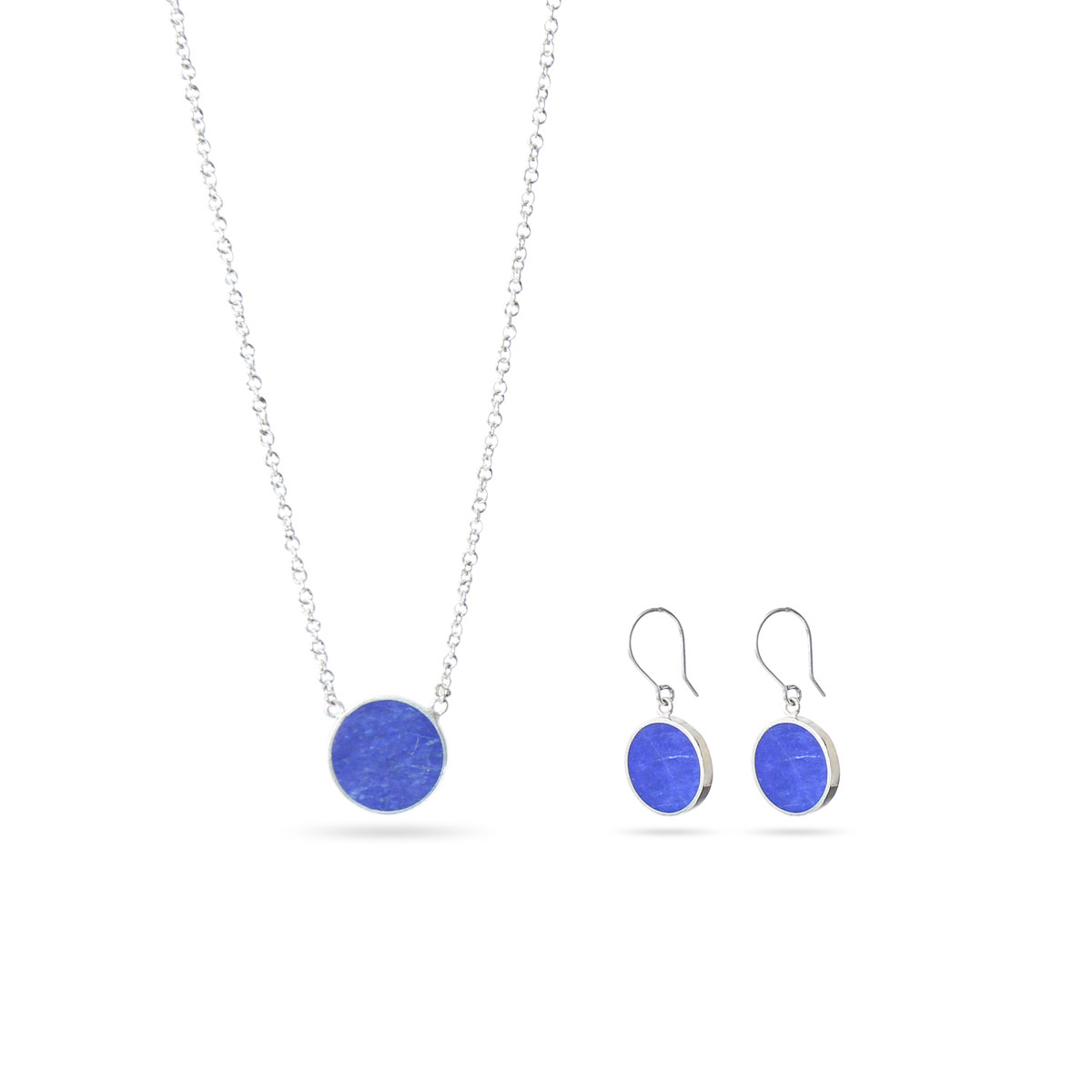 Lapis Stone Round Jewelry Set | Silver Pendant & Earrings