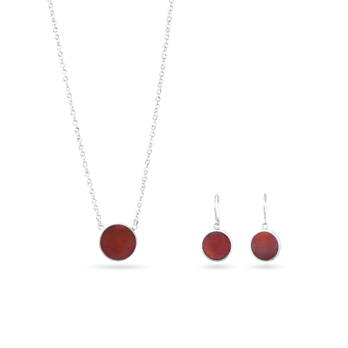 Red Agate Stone Jewelry Set | Silver Round Pendant & Earrings