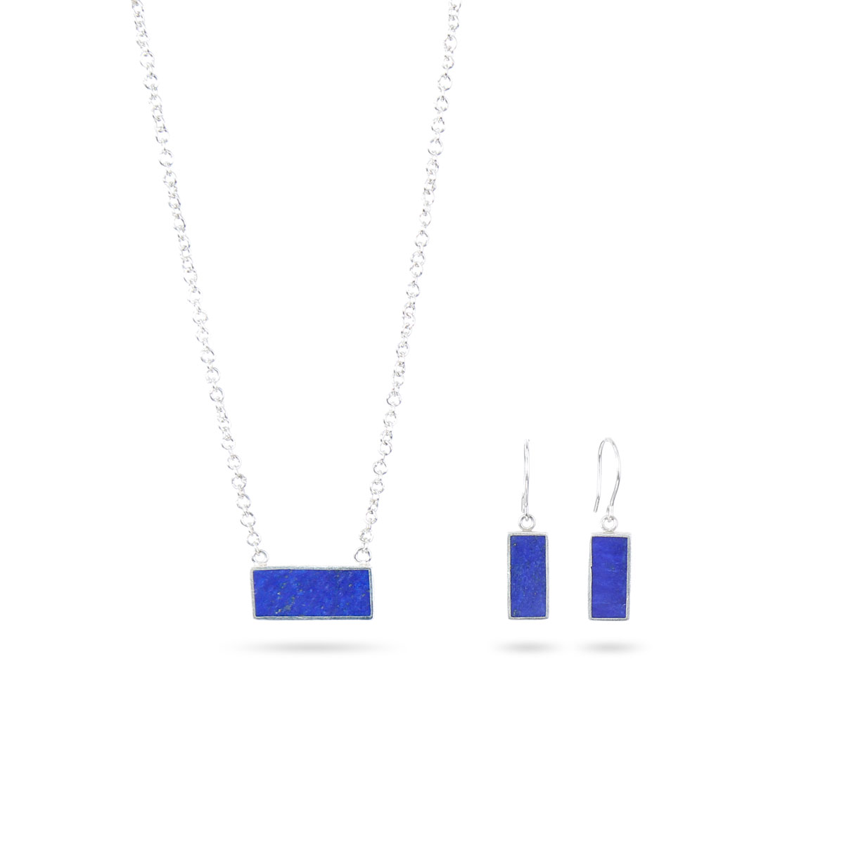 Lapis Lazuli Jewelry Set | Silver Rectangle Style Pendant & Earrings