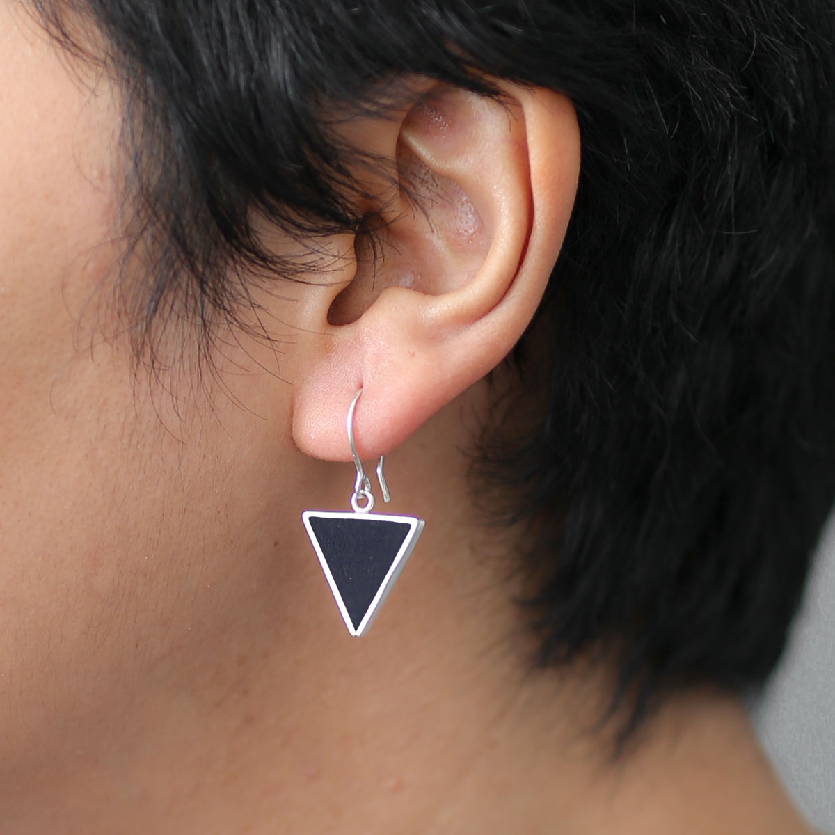 Black Tourmaline Earrings | Silver Triangle Hook Earrings