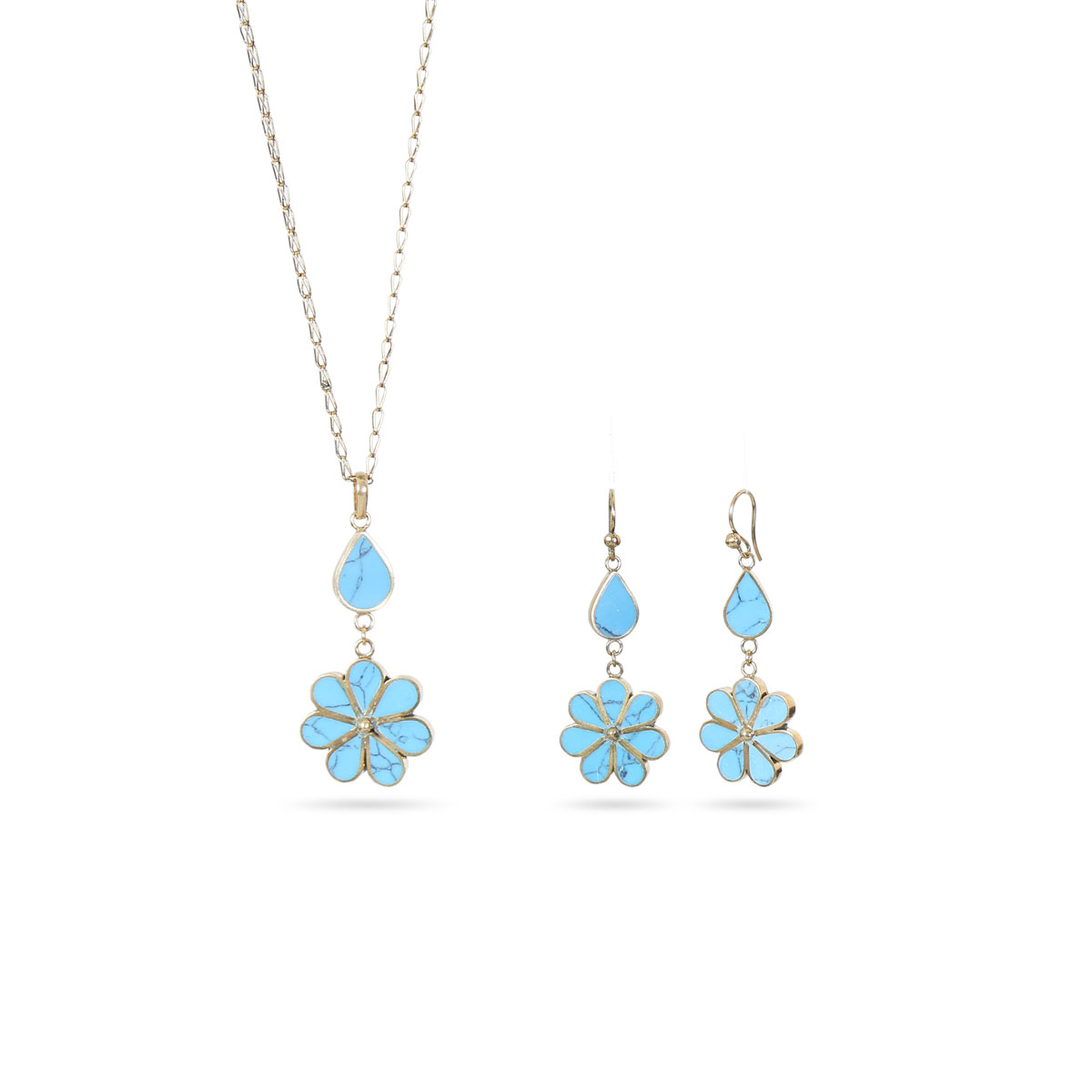 Blue Turquoise Jewelry Set | Gold Plated Flower Pendant & Earrings