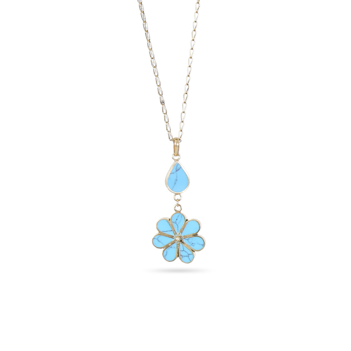 Blue Turquoise Jewelry Set | Gold Plated Flower Pendant & Earrings