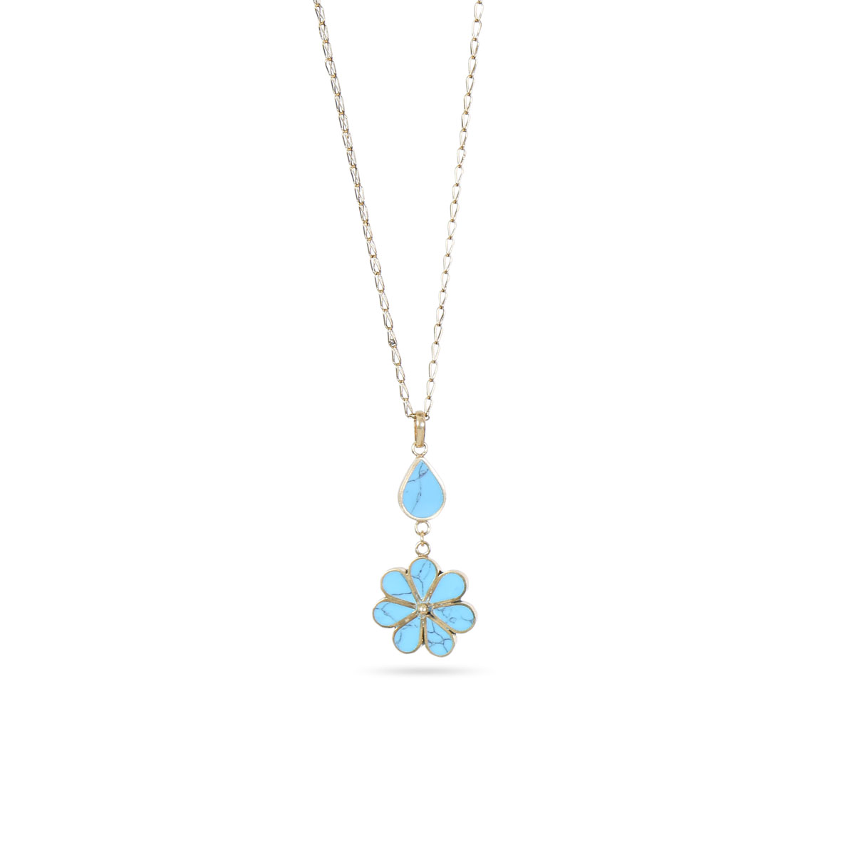 Blue Turquoise Flower Necklace | Teardrop Gold Plated Locket 