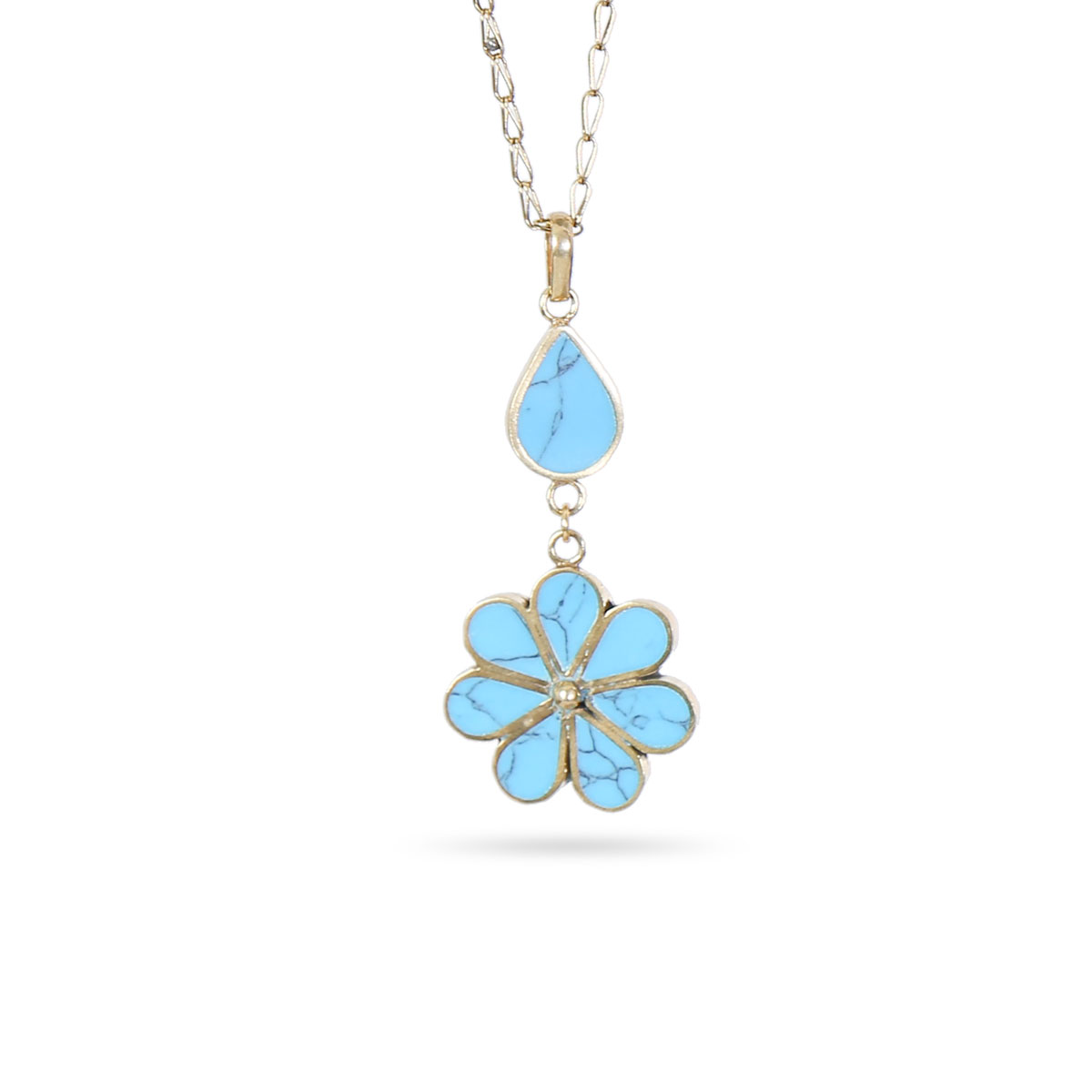 Blue Turquoise Flower Necklace | Teardrop Gold Plated Locket 