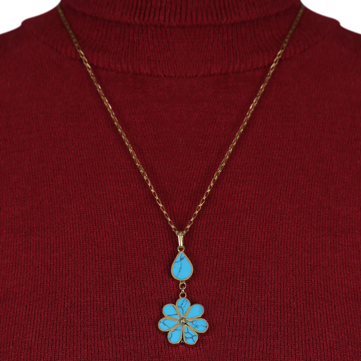 Blue Turquoise Flower Necklace | Teardrop Gold Plated Locket 