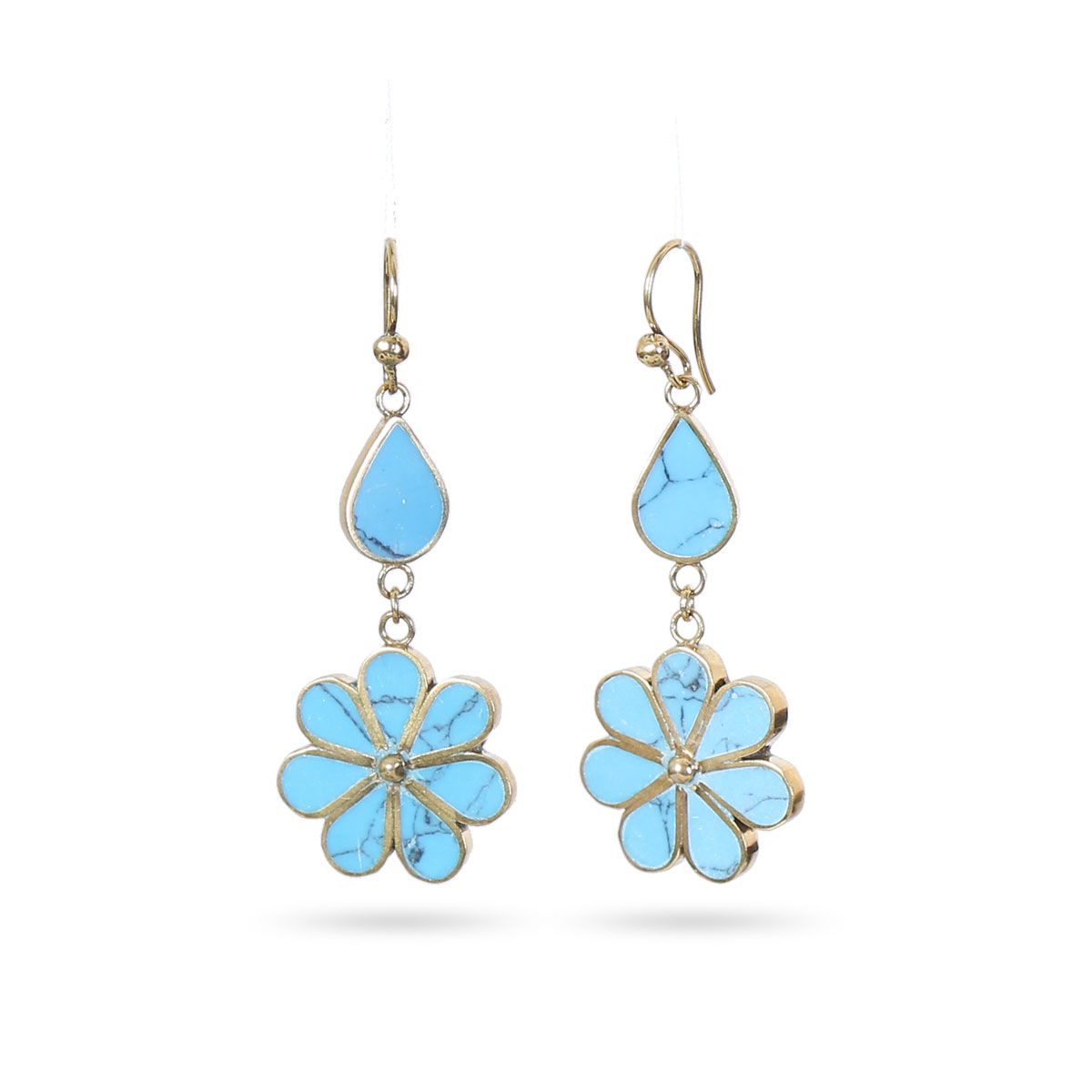 Blue Turquoise Flower Earrings | Gold Plated Teardrop Earrings