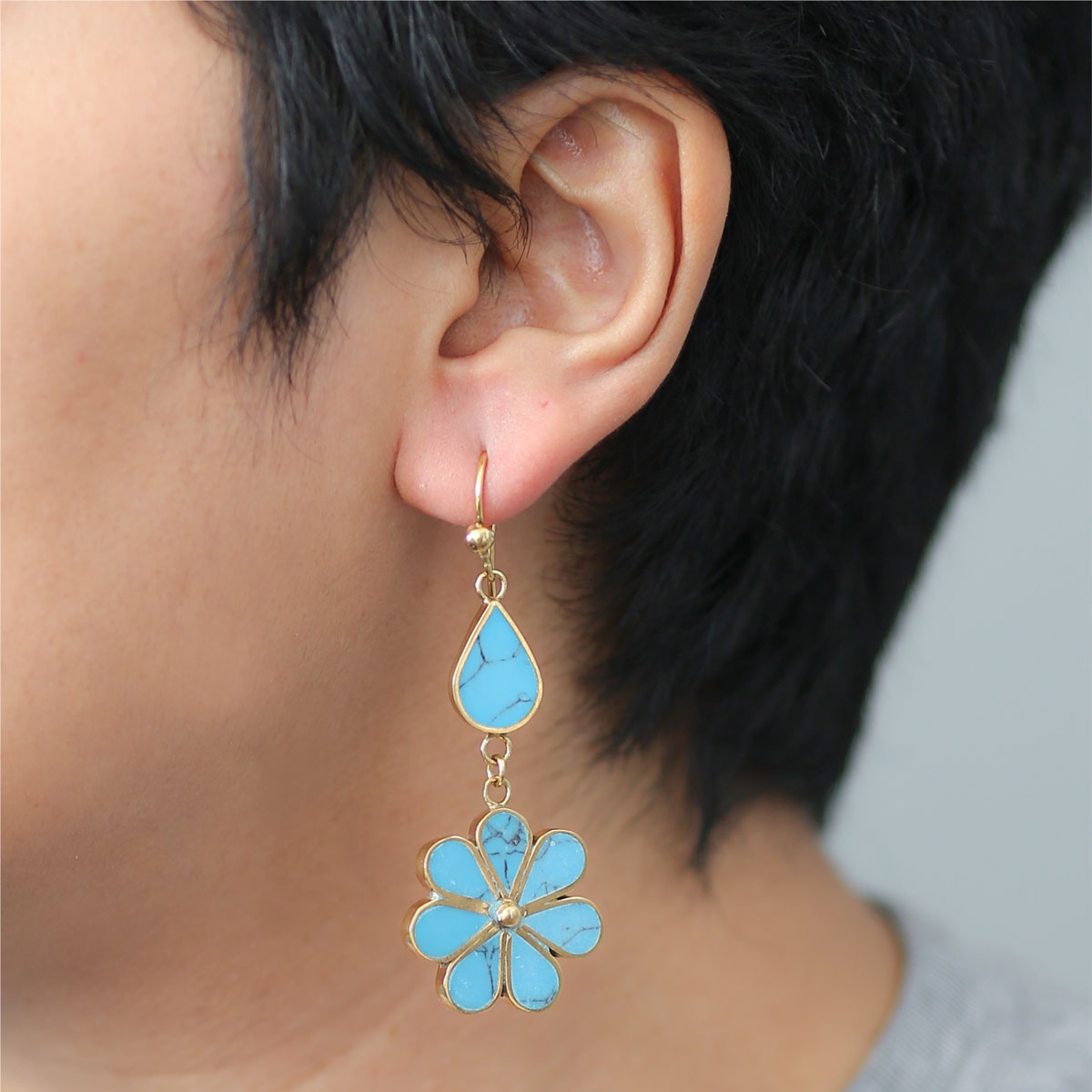 Blue Turquoise Flower Earrings | Gold Plated Teardrop Earrings