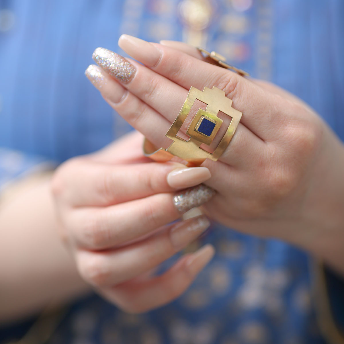 Lapis Lazuli Brass Bangle Bracelet | Gold Plated Open Cuff Bracelet