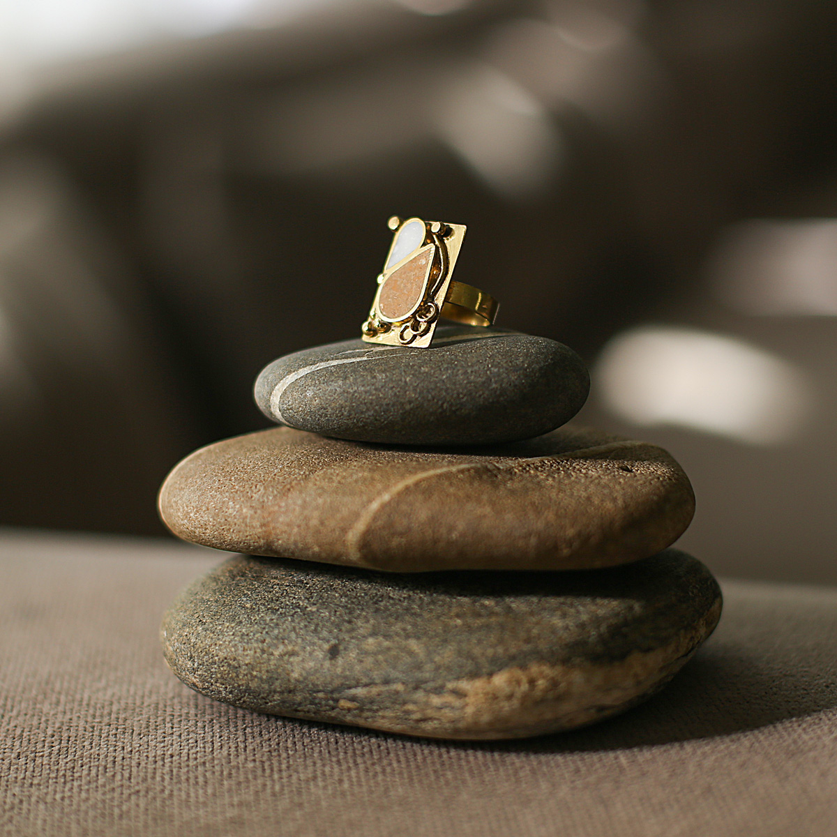 Marble Two-Stone Ring | Gold Plated Antique Ring 