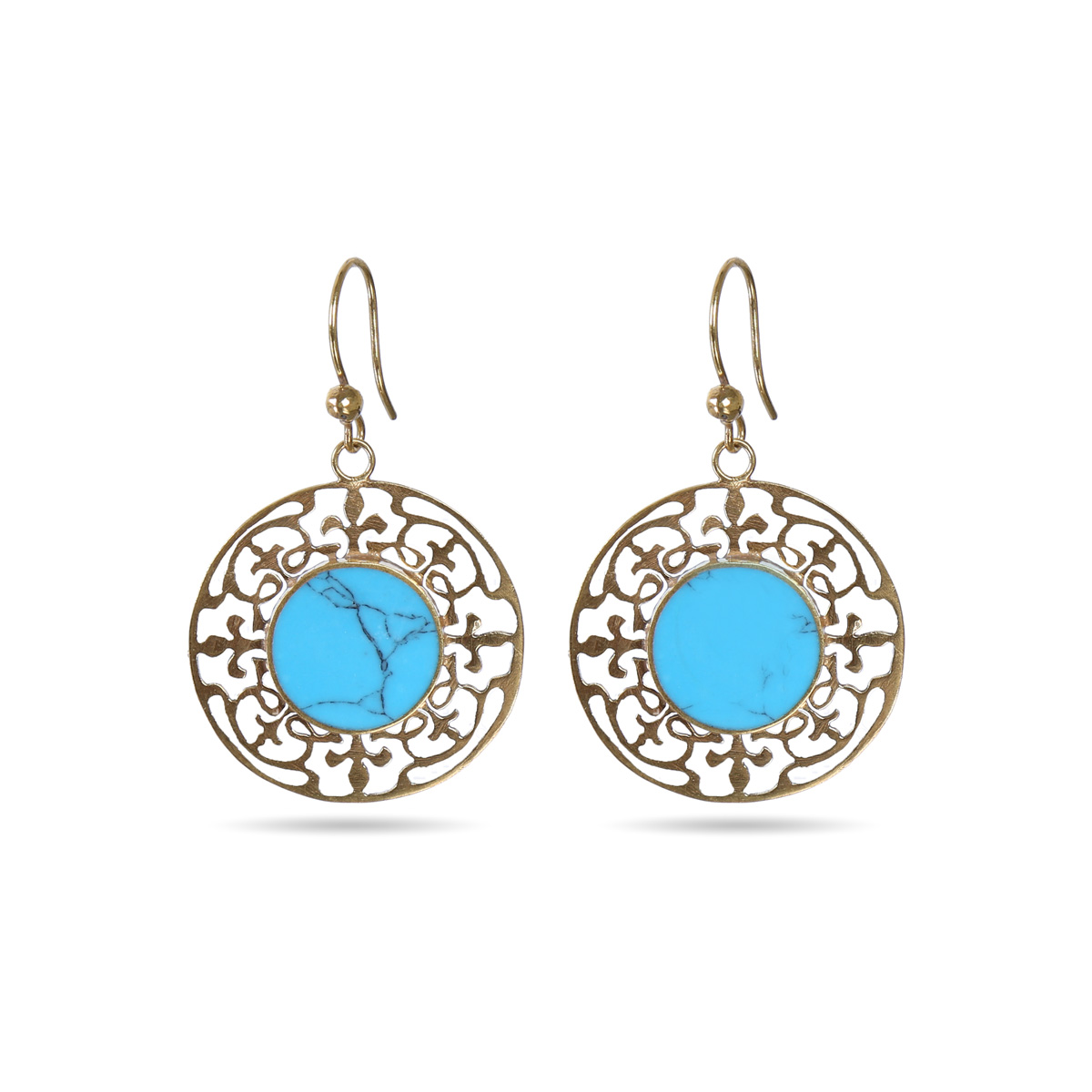 Blue Turquoise Circular Earrings | Gold Plated Hook Dangle Earrings