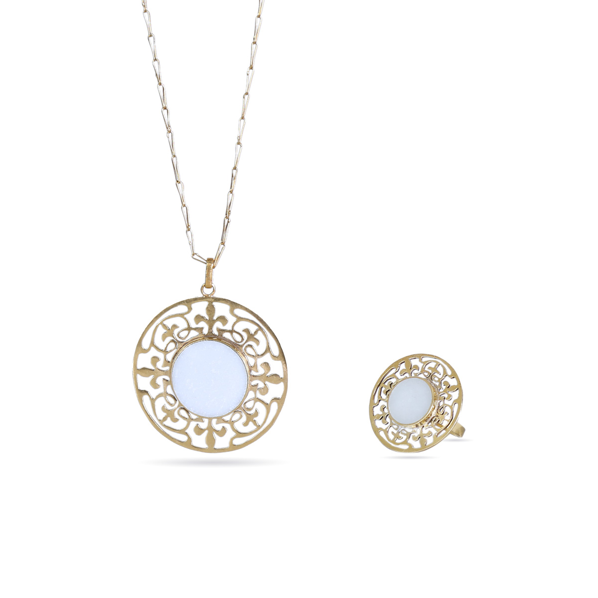 White Marble Stone Jewelry Set | Silver Round Engraved Pendant & Ring