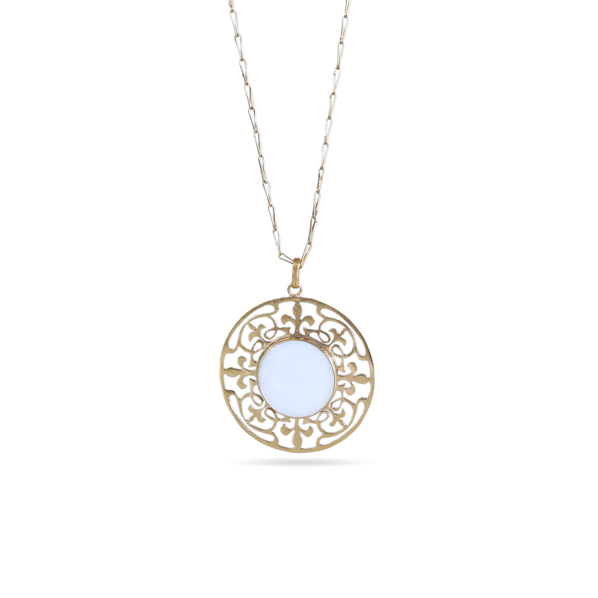 White Marble Stone Jewelry Set | Silver Round Engraved Pendant & Ring