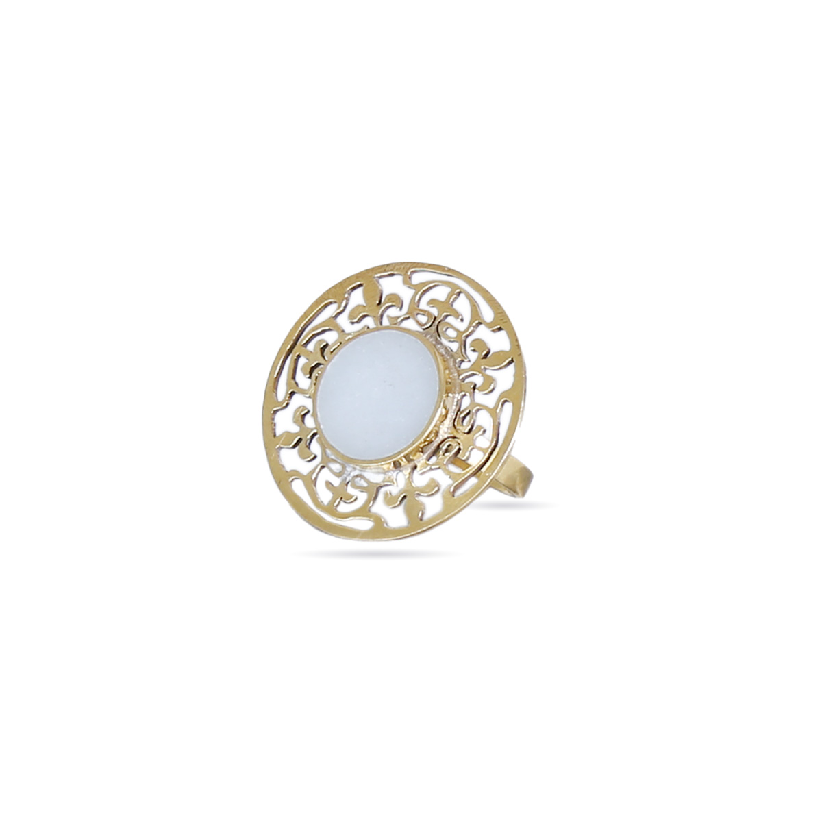 White Marble Stone Ring | Gold Plated Engraved Round Ring