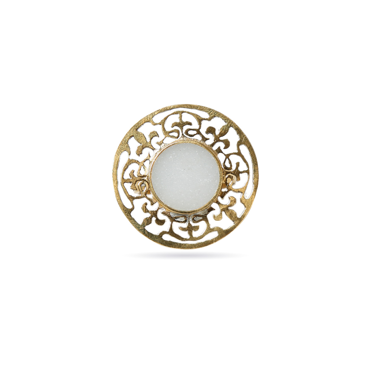 White Marble Stone Ring | Gold Plated Engraved Round Ring