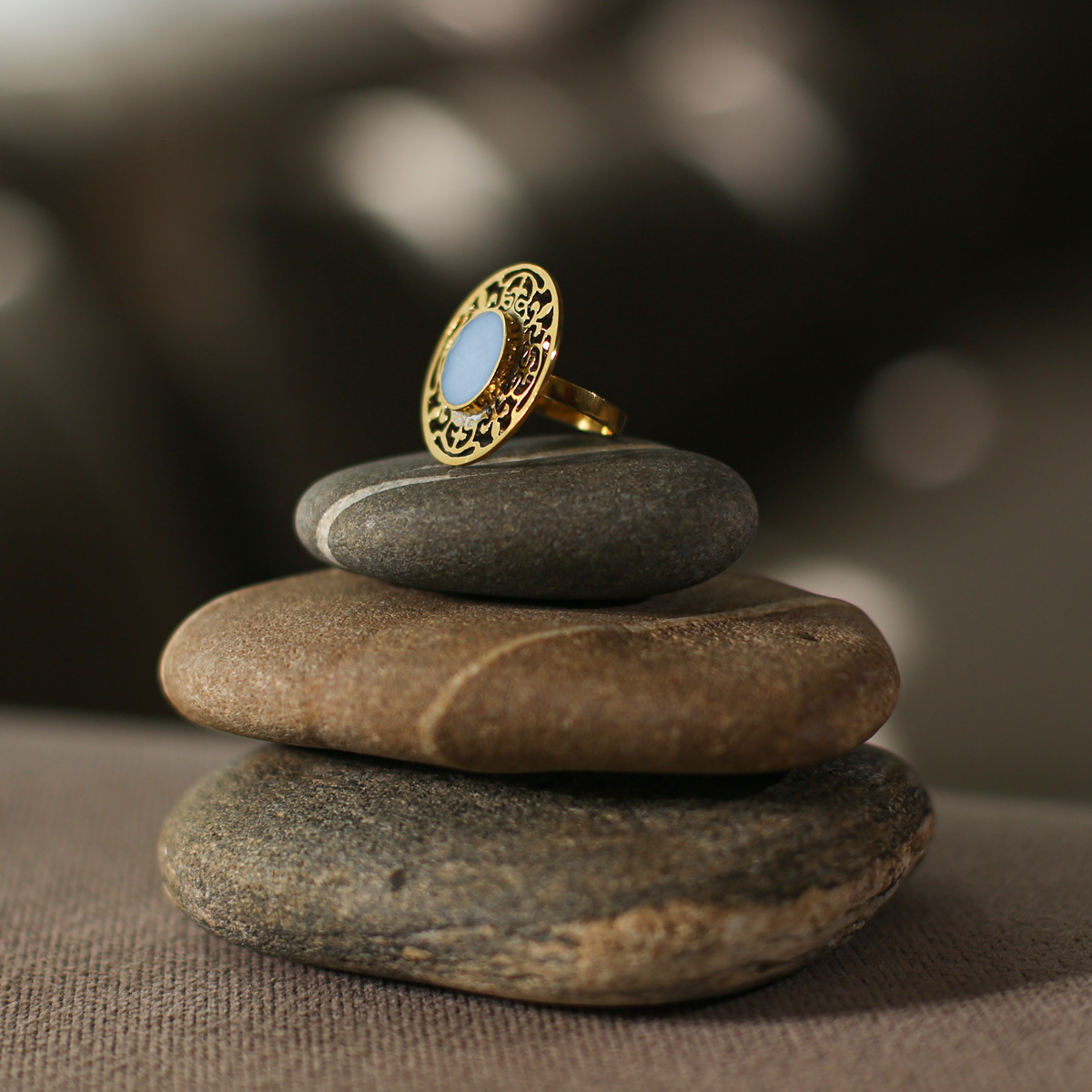 White Marble Stone Ring | Gold Plated Engraved Round Ring
