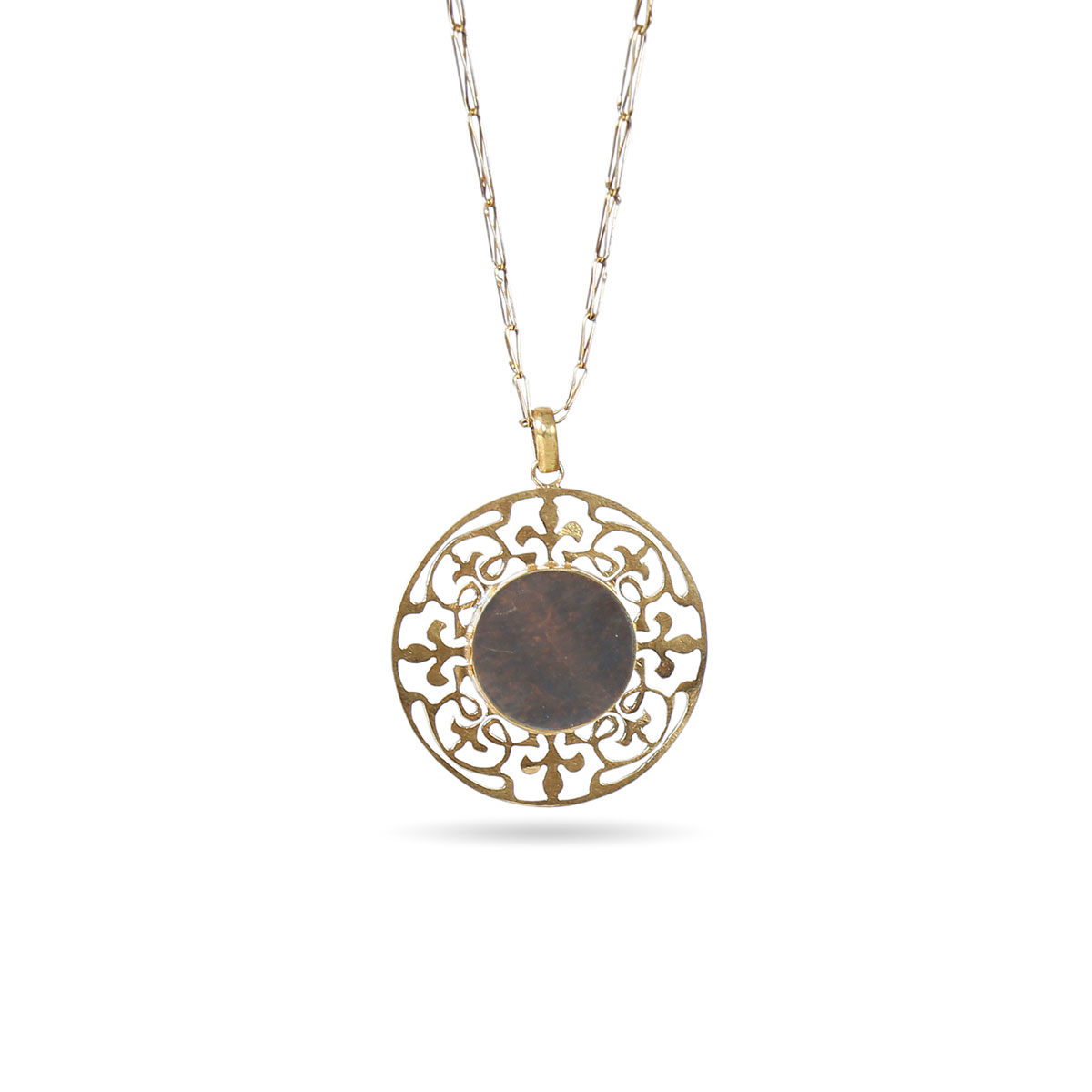 Brown Tiger Stone Necklace | Round Engraved Drop Locket 