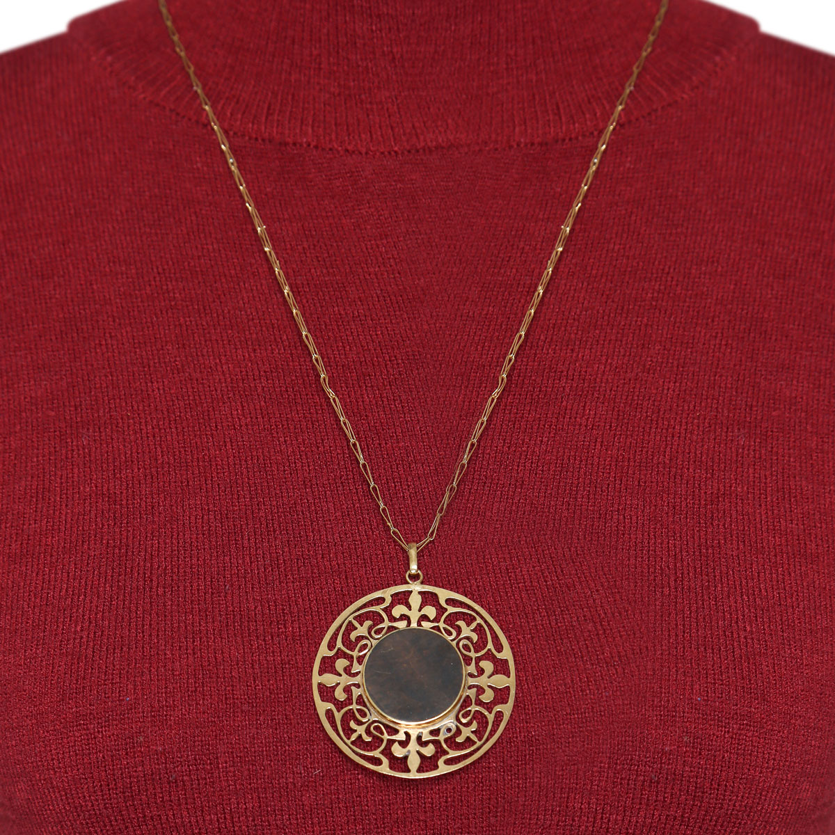 Brown Tiger Stone Necklace | Round Engraved Drop Locket 