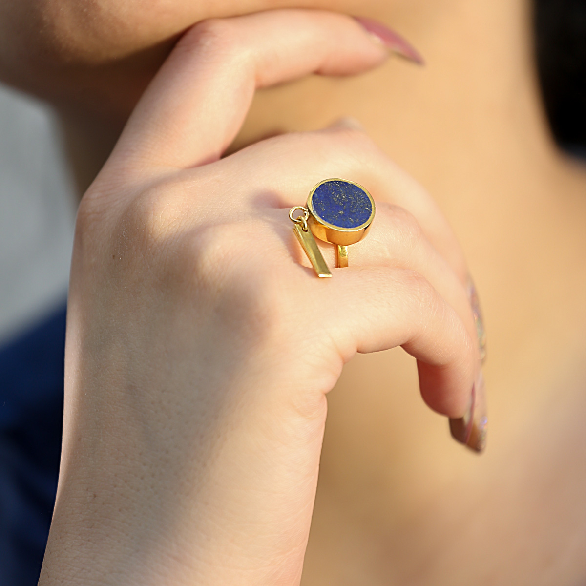 Blue Lapis Stone Ring | Round Flat Gold Plated Ring
