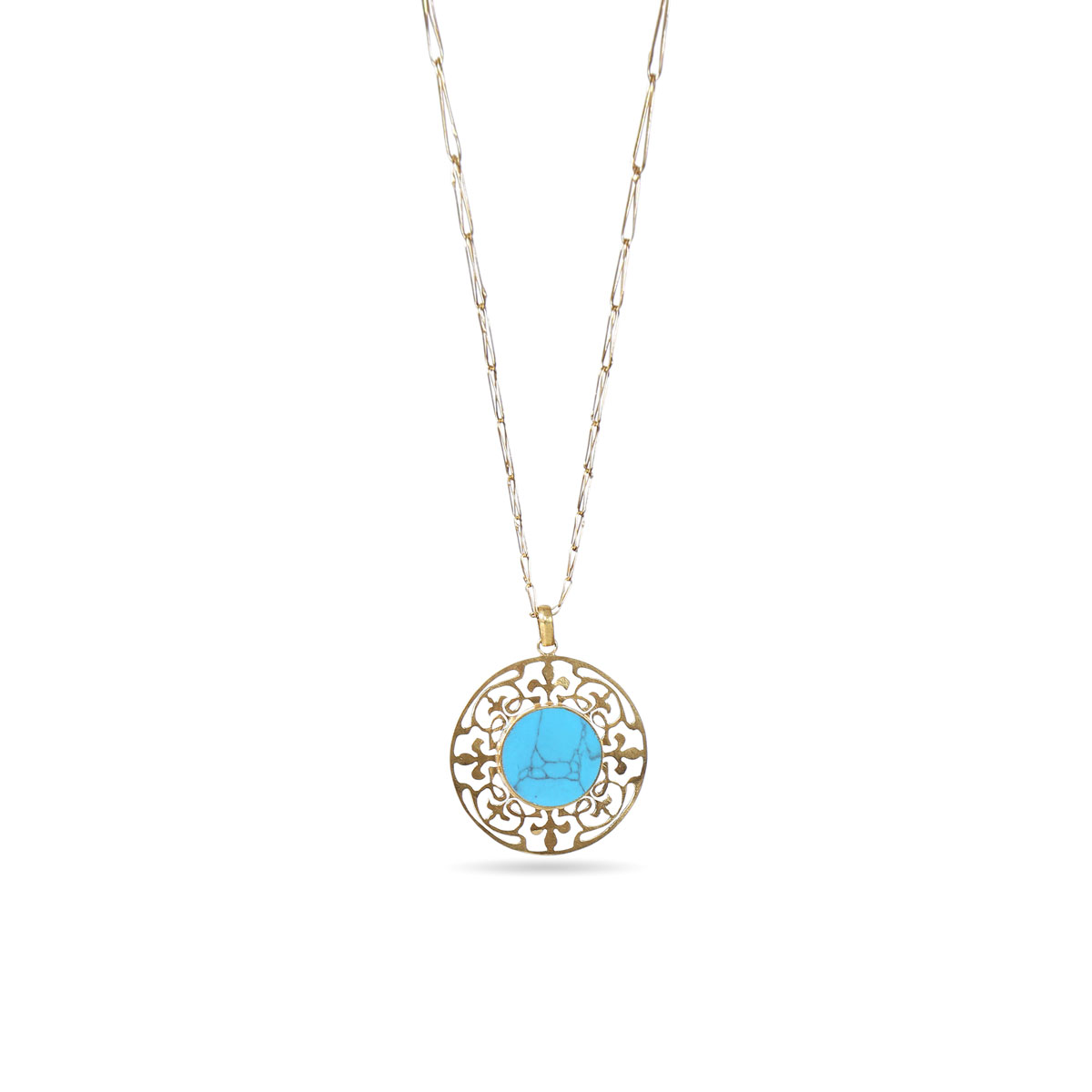 Blue Turquoise Stone Pendant | Gold Plated Round Chain Locket 