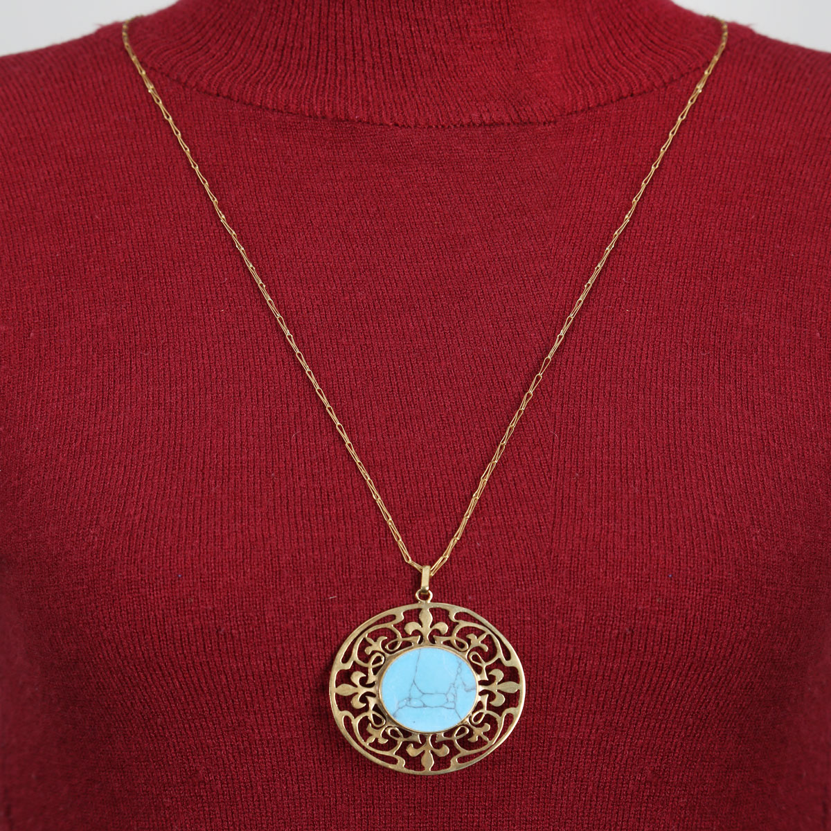 Blue Turquoise Stone Pendant | Gold Plated Round Chain Locket 