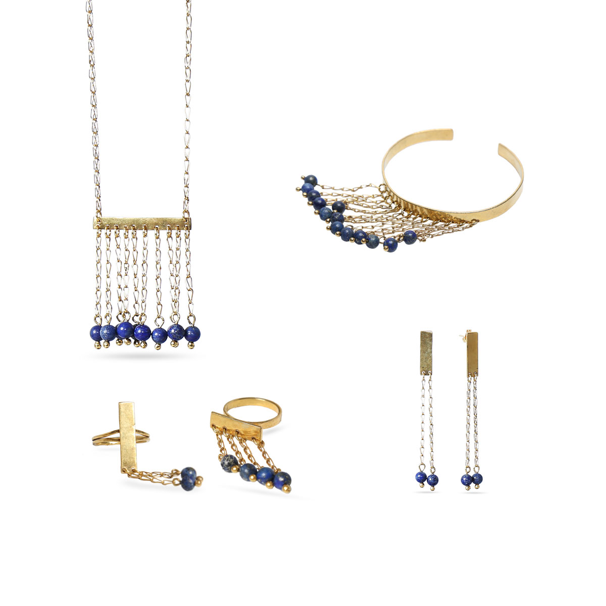 Lapis Lazuli Stone Jewelry Set | Gold Plated Pendant, Earrings, Ring & Bracelet