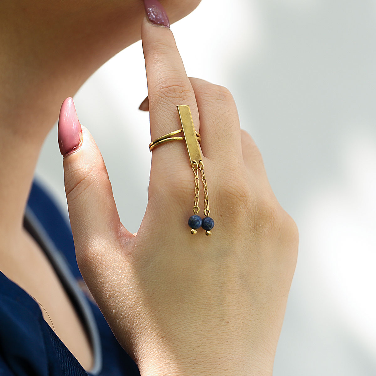 Lapis Stone Antique Ring | Gold Plated Bead Ring