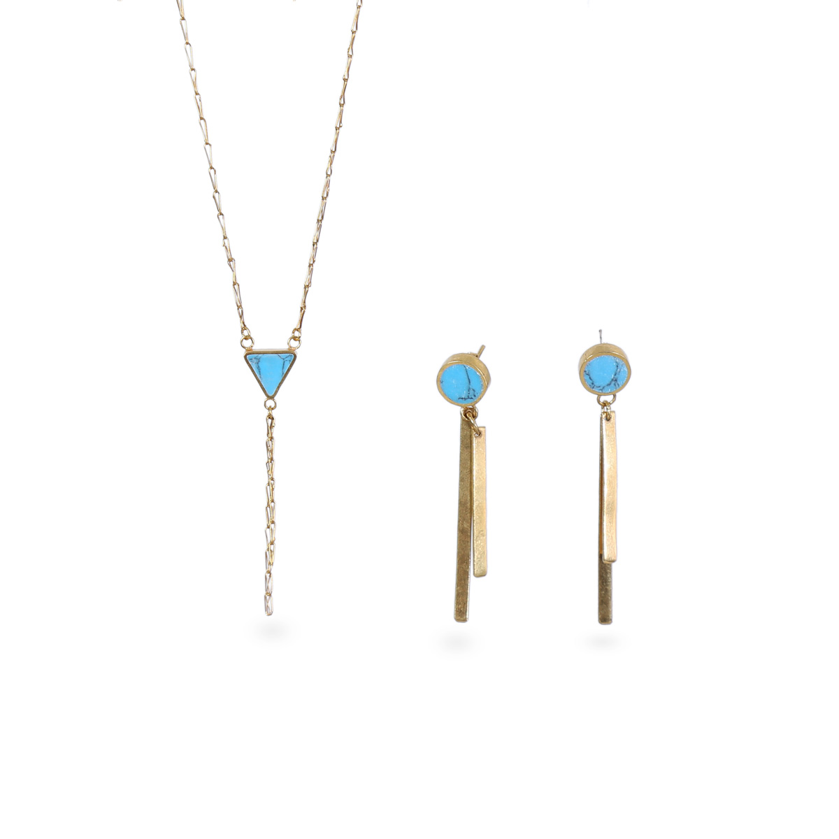 Blue Turquoise Stone Jewelry Set | Triangle Gold Plated Pendant & Earrings