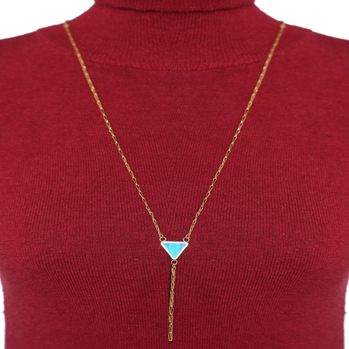 Blue Turquoise Brass Pendant | Gold Plated Triangle Lariat Locket